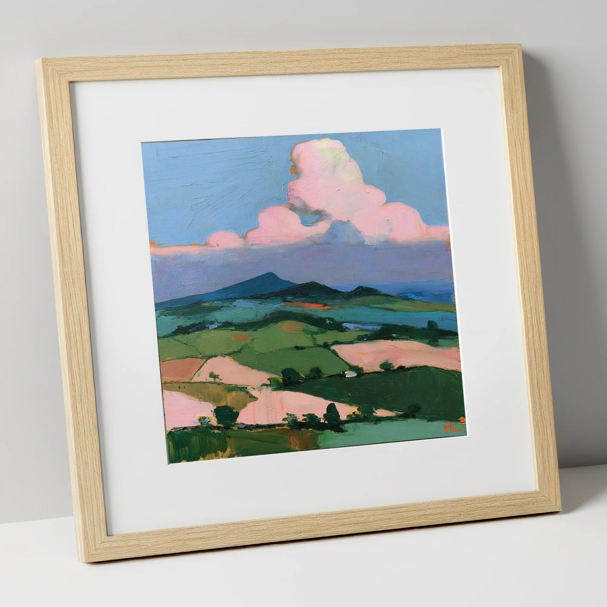 Blush Clouds Over Rolling Fells lake district fell art print in natural frame