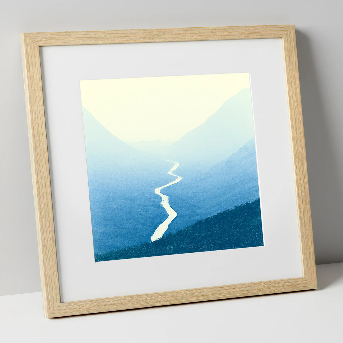 Blue Valley Winding River lake district waterfall art print in natural frame