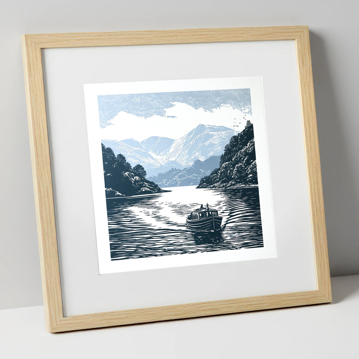 Coniston Water Launch in Navy lake district lake art print in natural frame