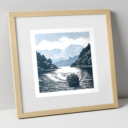 Coniston Water Launch in Navy lake district lake art print in natural frame