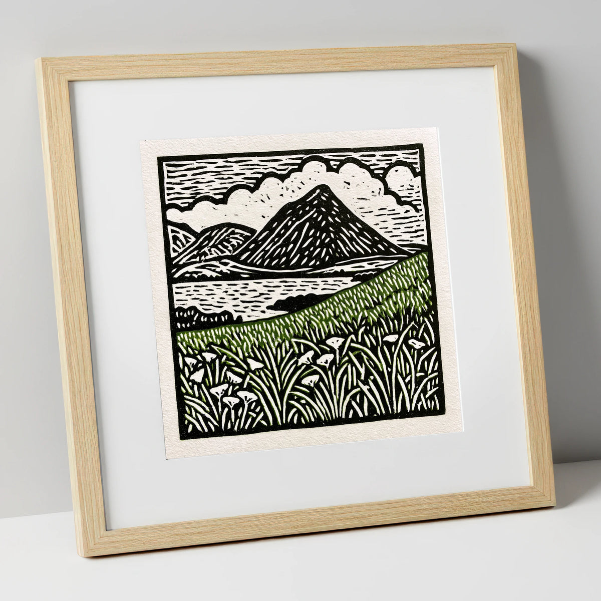 Bold Catbells and Wild Grasses lake district fell art print in natural frame