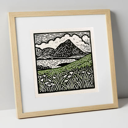 Bold Catbells and Wild Grasses lake district fell art print in natural frame