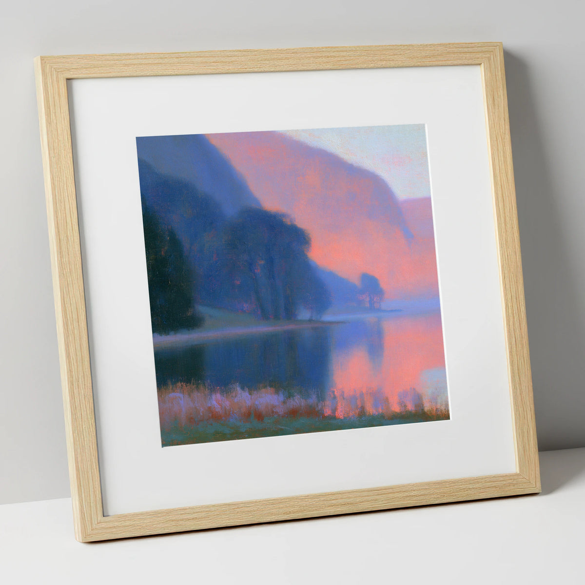 Lake Edge In Pink Twilight lake district lake art print in natural frame