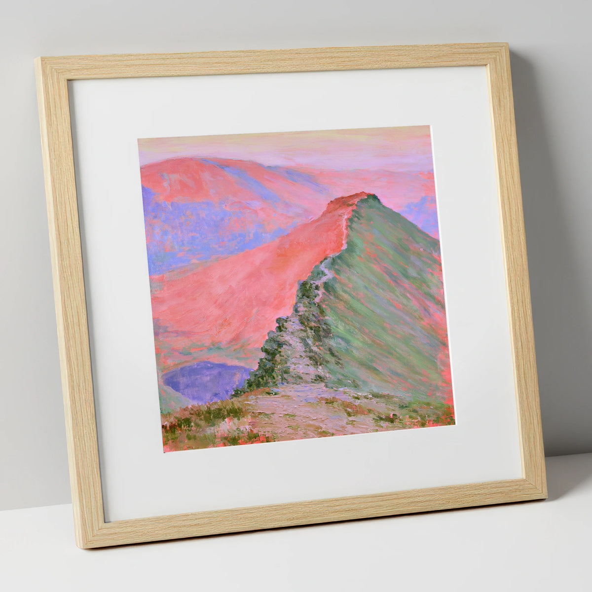 Striding Edge in Sunset Pink lake district walking art print in natural frame