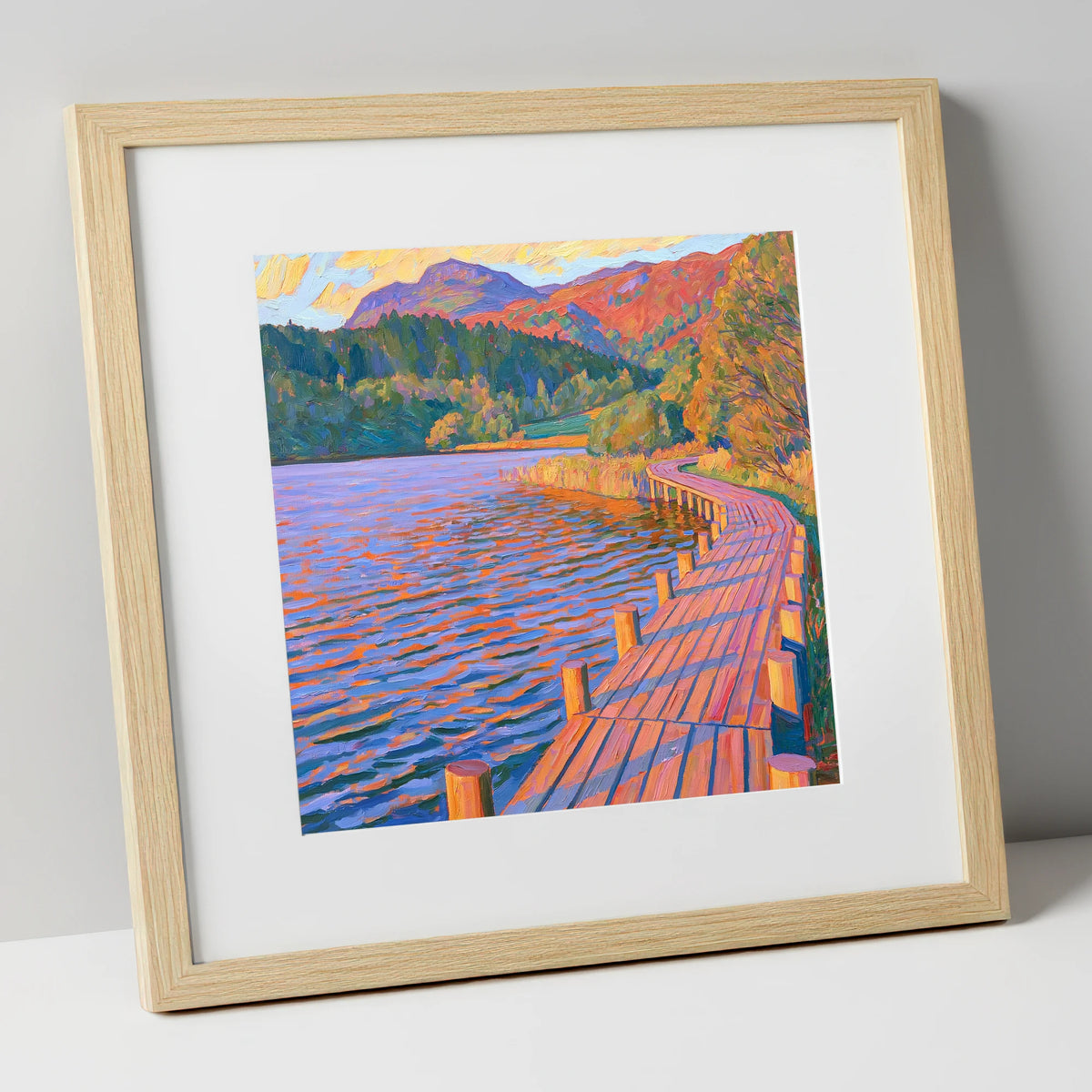 Curving Boardwalk at Tarn Hows lake district lake art print in natural frame
