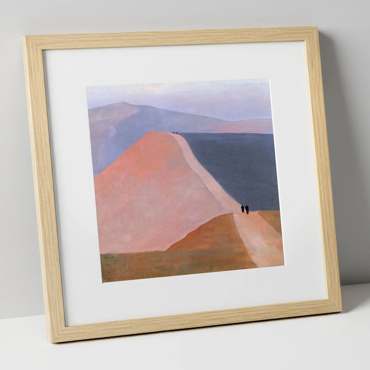 Walkers on a Pastel Mountain Ridge lake district walking art print in natural frame