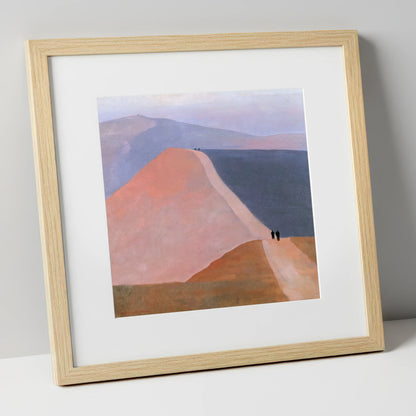 Walkers on a Pastel Mountain Ridge lake district walking art print in natural frame