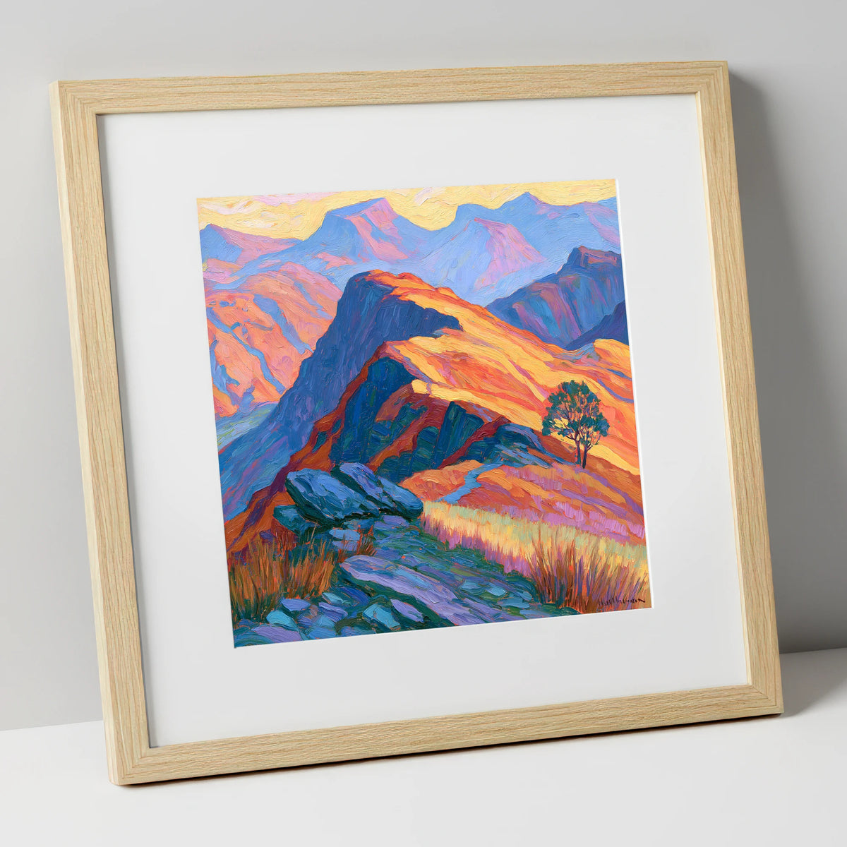 Vibrant Sunlit Mountain Ridge lake district fell art print in natural frame