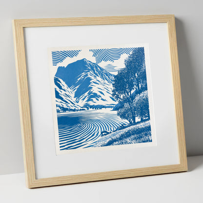 Cobalt Blue Buttermere Landscape lake district lake art print in natural frame