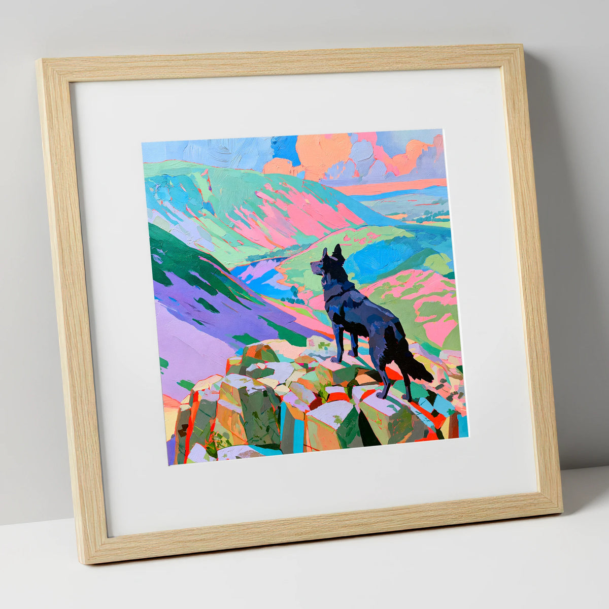 Black Dog on Vibrant Haystacks haystacks wall art art print in natural frame