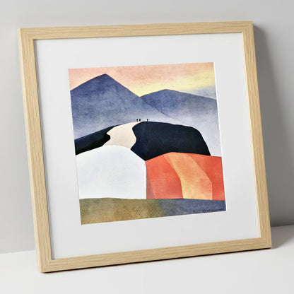 Fell Summit in Terracotta and Indigo lake district fell art print in natural frame