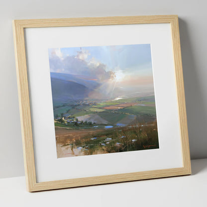 Sunburst Over a Lakeland Dale lake district valley art print in natural frame