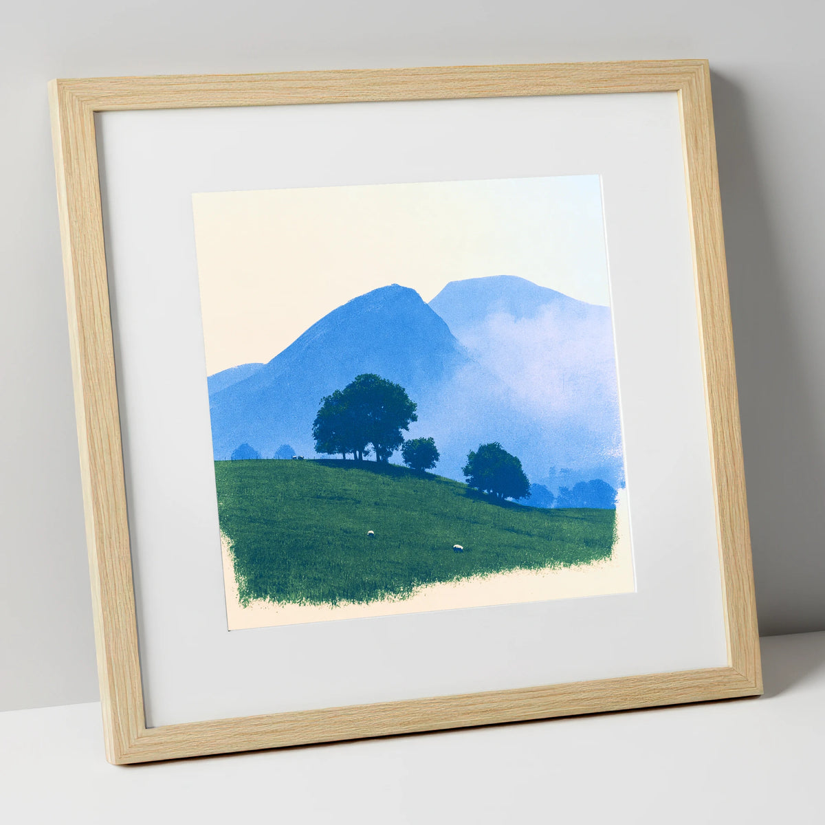 Mist Over the Blue Fells lake district fell art print in natural frame