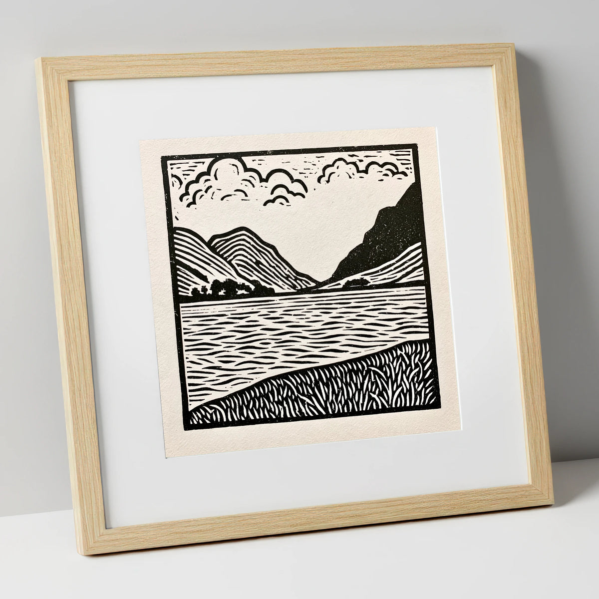 Ullswater in Monochrome lake district lake art print in natural frame