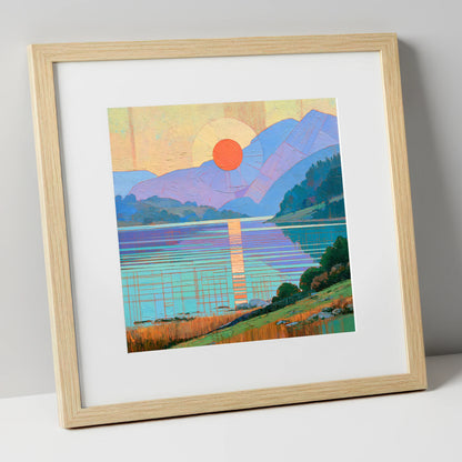 Geometric Lakeland Sunset Over Water lake district lake art print in natural frame