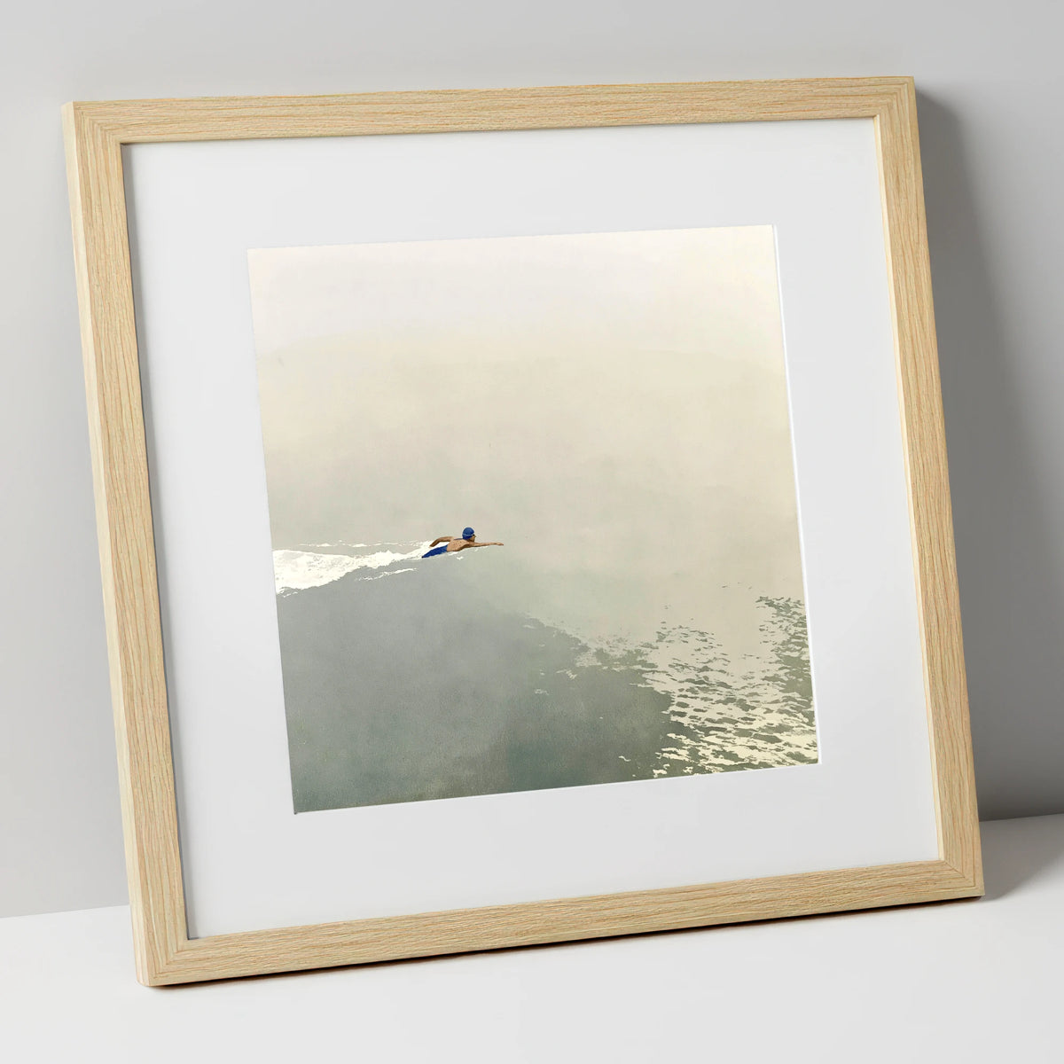 Open Water Swimmer in Morning Mist lake district walking art print in natural frame