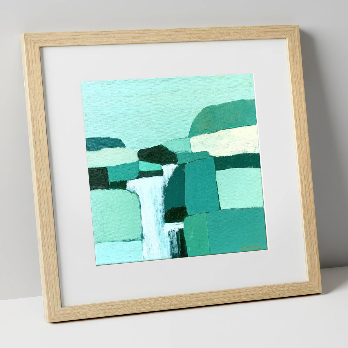 Abstract Teal Waterfall Over Rocks lake district waterfall art print in natural frame