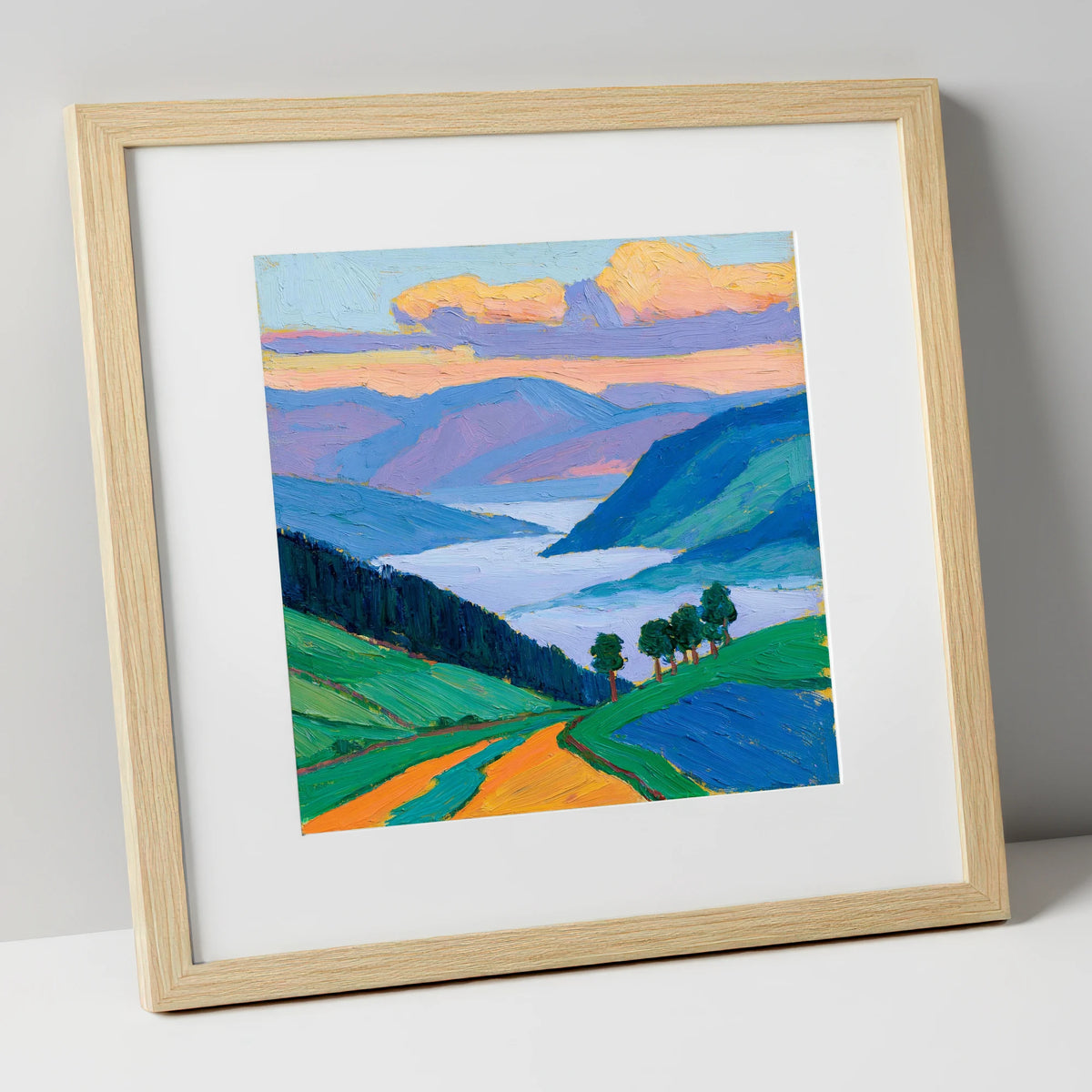 Morning Mist Over Vibrant Valley lake district sky art print in natural frame