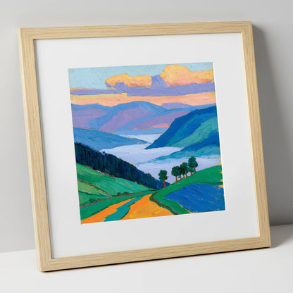 Morning Mist Over Vibrant Valley lake district sky art print in natural frame