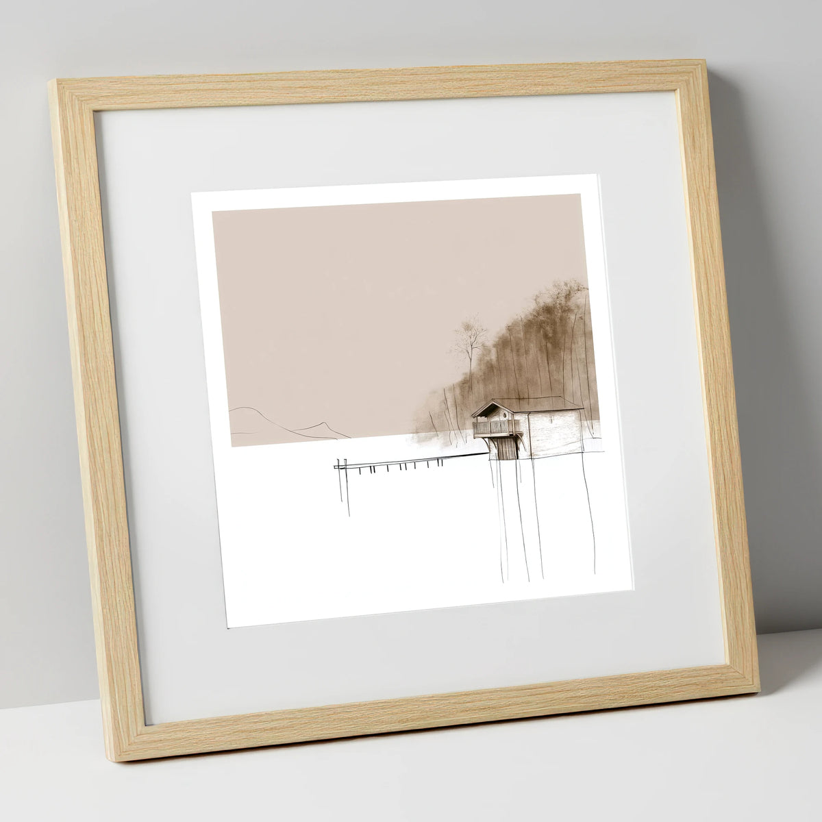 Pooley Bridge Boathouse in Taupe lake district village art print in natural frame