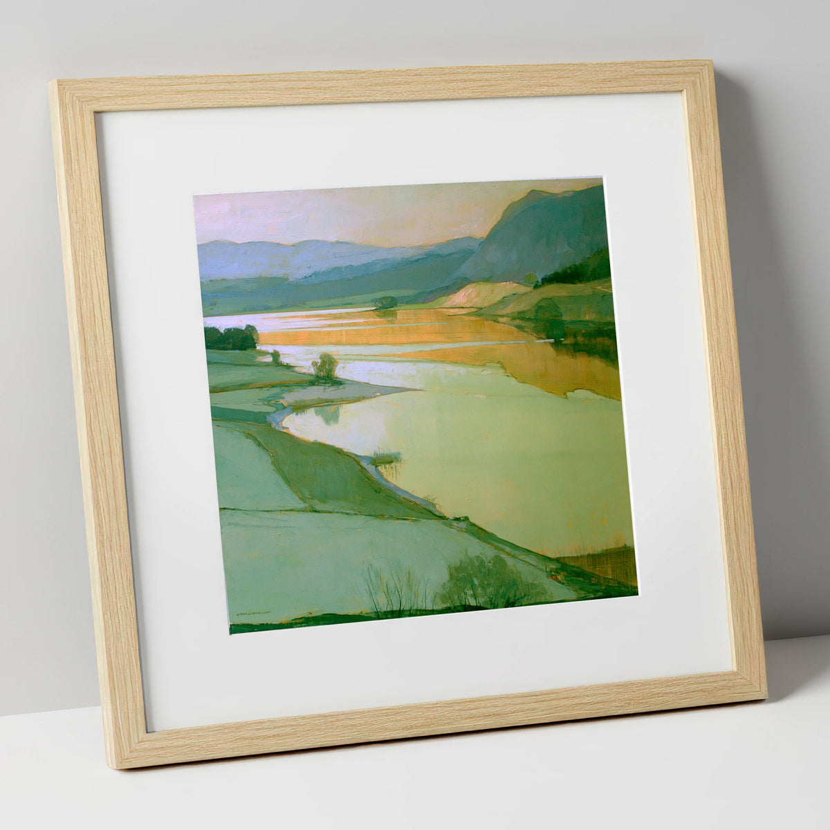 Sage Pastures by the Lake lake district lake art print in natural frame