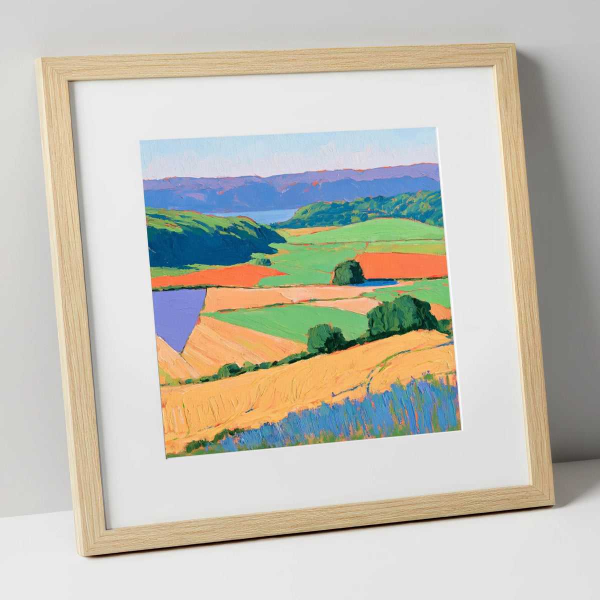 Luminous Patchwork Dale Fields lake district valley art print in natural frame