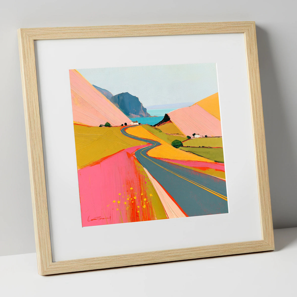 Bold Pink Mountain Pass lake district valley art print in natural frame