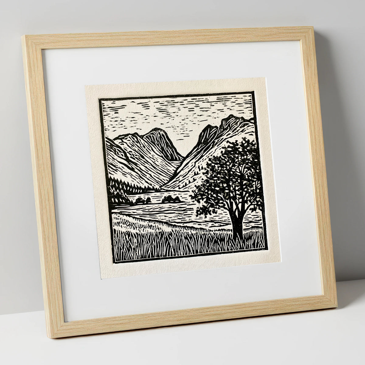 Langdale Pikes in Bold Monochrome lake district fell art print in natural frame