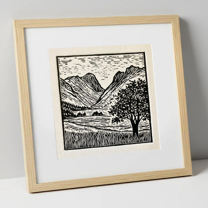 Langdale Pikes in Bold Monochrome lake district fell art print in natural frame