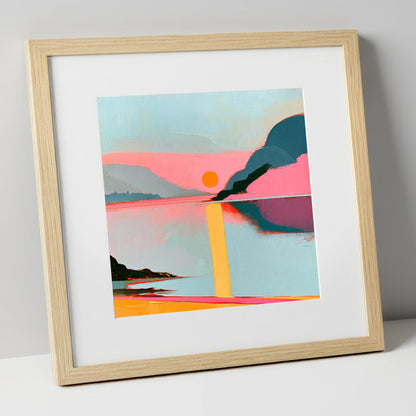 Bold Pink Sunset Over The Lake lake district lake art print in natural frame