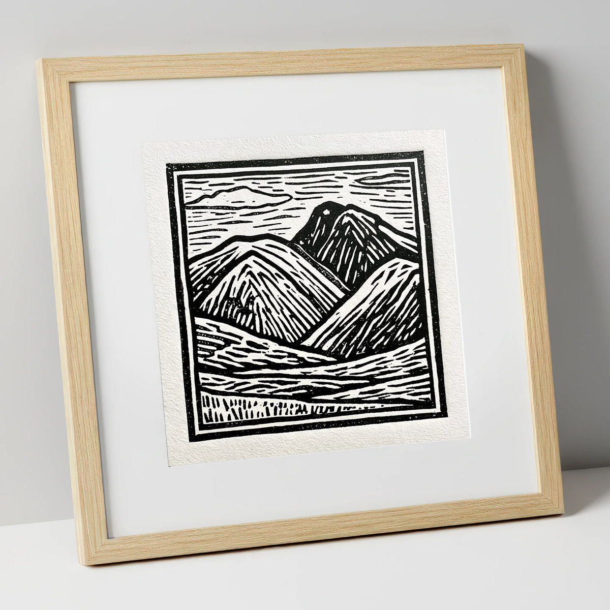 Bowfell in Stark Black and White lake district fell art print in natural frame