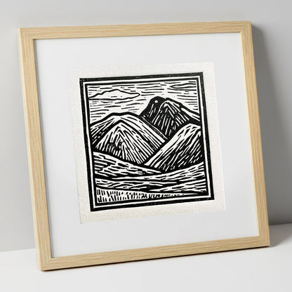 Bowfell in Stark Black and White lake district fell art print in natural frame