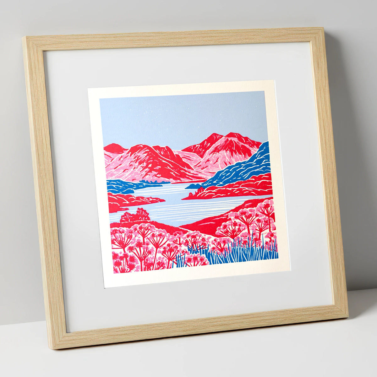 Vivid Red Fells and Lake lake district lake art print in natural frame