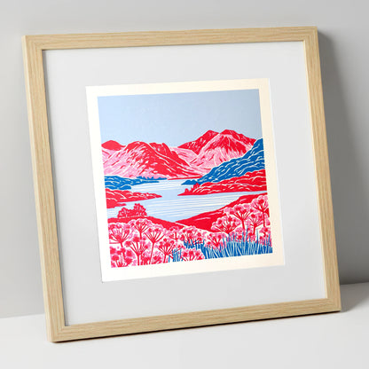 Vivid Red Fells and Lake lake district lake art print in natural frame