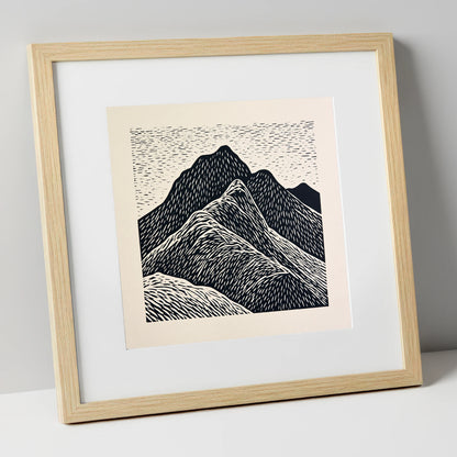 Bold Graphic Bowfell Peak lake district fell art print in natural frame