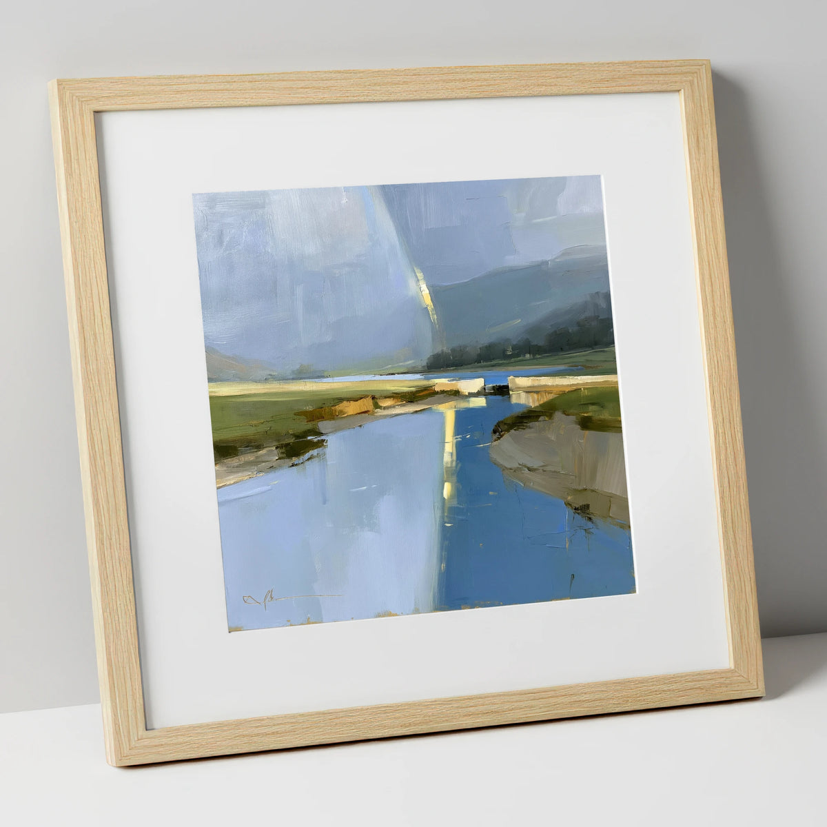 Golden Rainbow Over the River lake district sky art print in natural frame