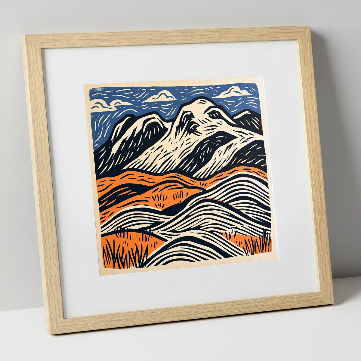 Bowfell Over Orange Fells lake district fell art print in natural frame