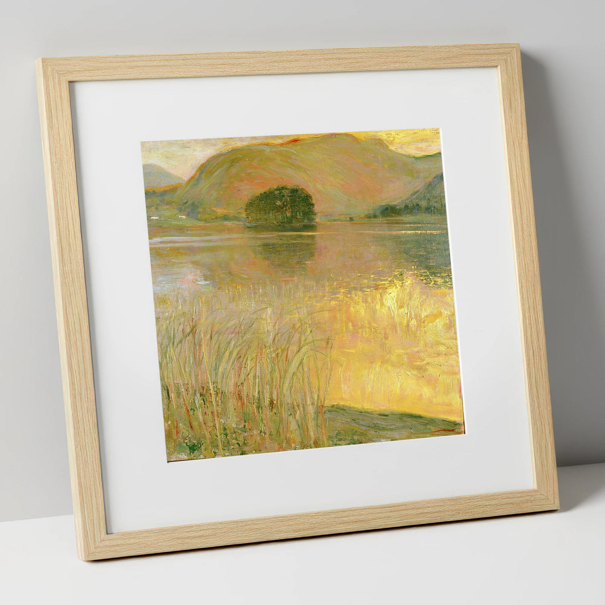 Golden Waters of Grasmere Island lake district lake art print in natural frame