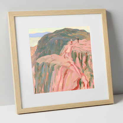 Climbers on a Rosy Crag lake district walking art print in natural frame