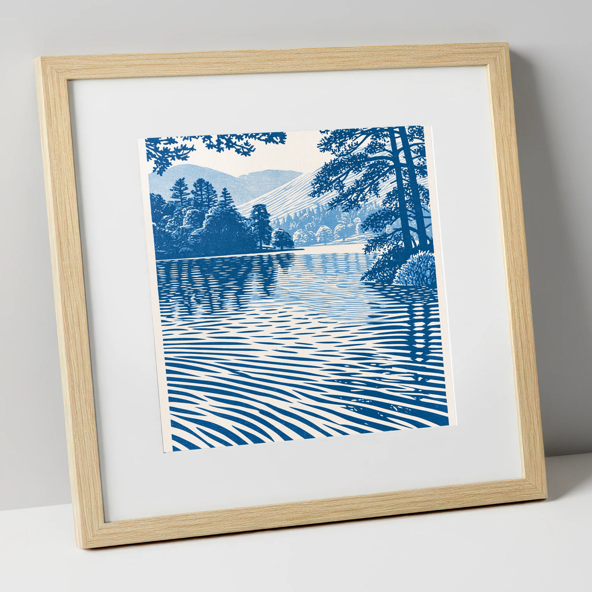 Rippled Blue Lake at Dawn lake district lake art print in natural frame