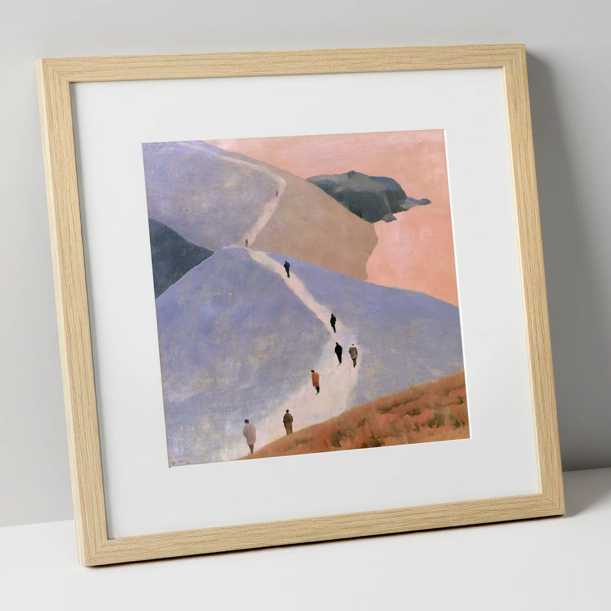 Walkers Ascending the Lavender Fells lake district walking art print in natural frame
