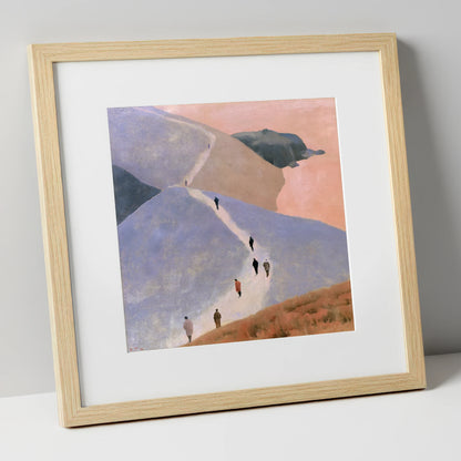 Walkers Ascending the Lavender Fells lake district walking art print in natural frame