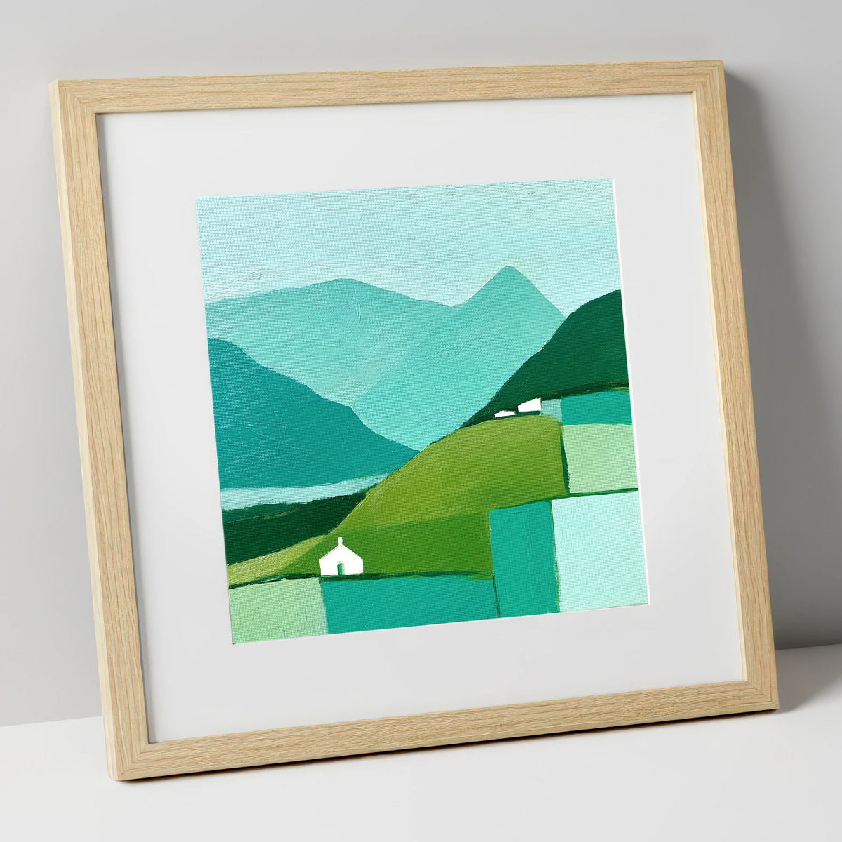 Abstract Keswick Fells in Green lake district village art print in natural frame