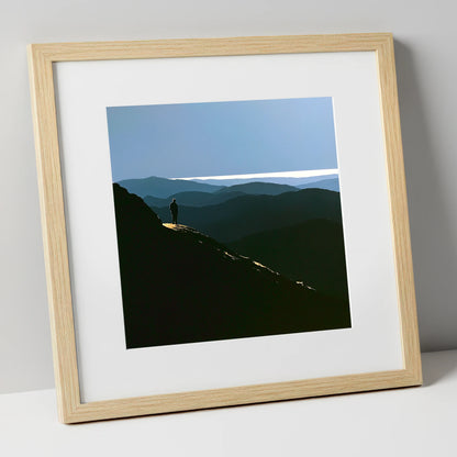 Summit View Across Blue Fells lake district fell art print in natural frame