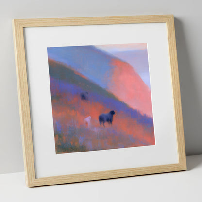 Herdwicks on a Twilight Fellside lake district wildlife art print in natural frame