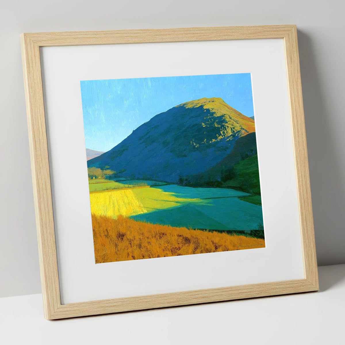 Sunlit Fields Below Low Fell lake district fell art print in natural frame