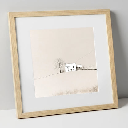 Minimalist White Fellside Cottage lake district village art print in natural frame