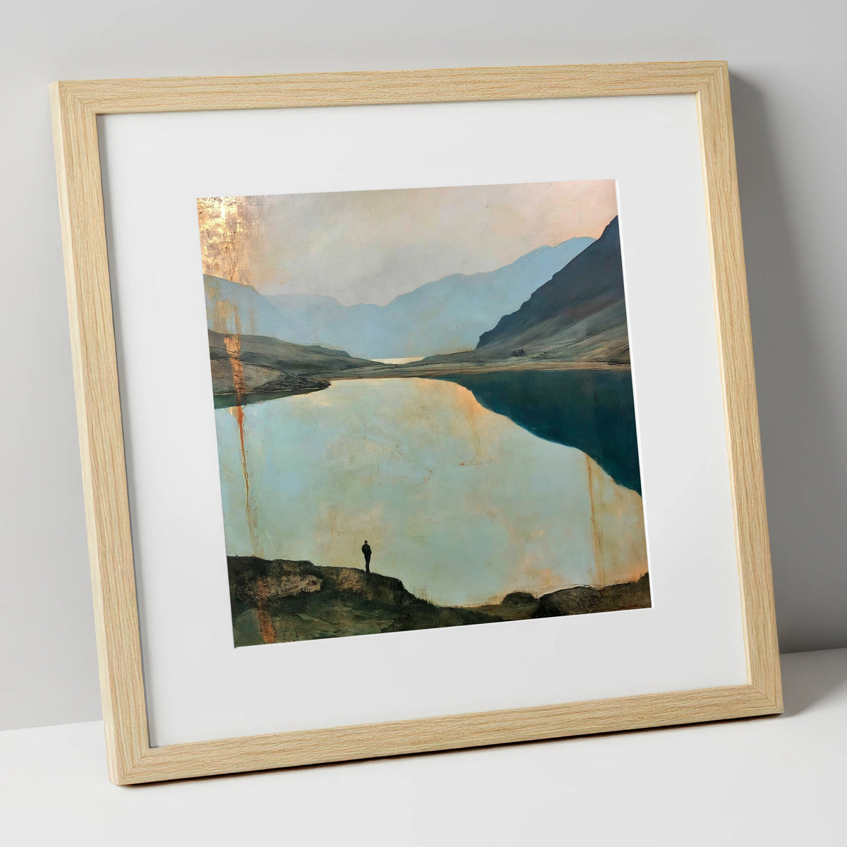 Silhouetted Walker at Innominate Tarn lake district fell art print in natural frame