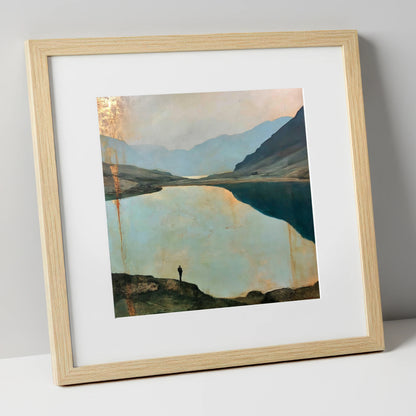 Silhouetted Walker at Innominate Tarn lake district fell art print in natural frame