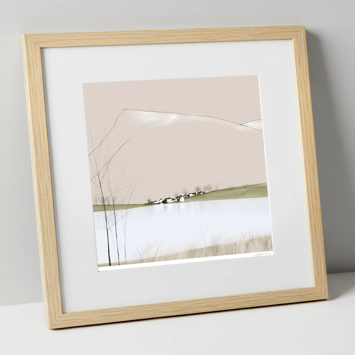Minimalist Pooley Bridge and Lake lake district village art print in natural frame